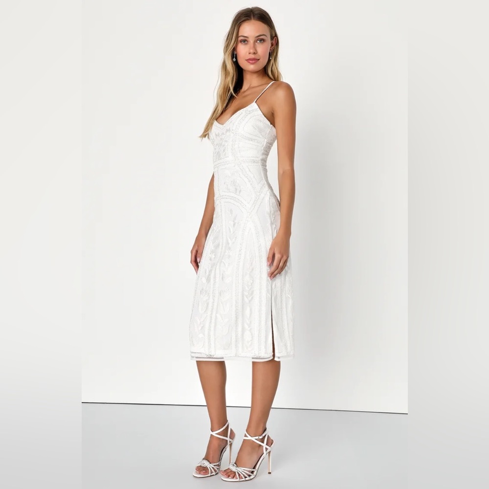 Lulu’s Alluring Interest White Sequin Embroidered Sleeveless Midi Dress